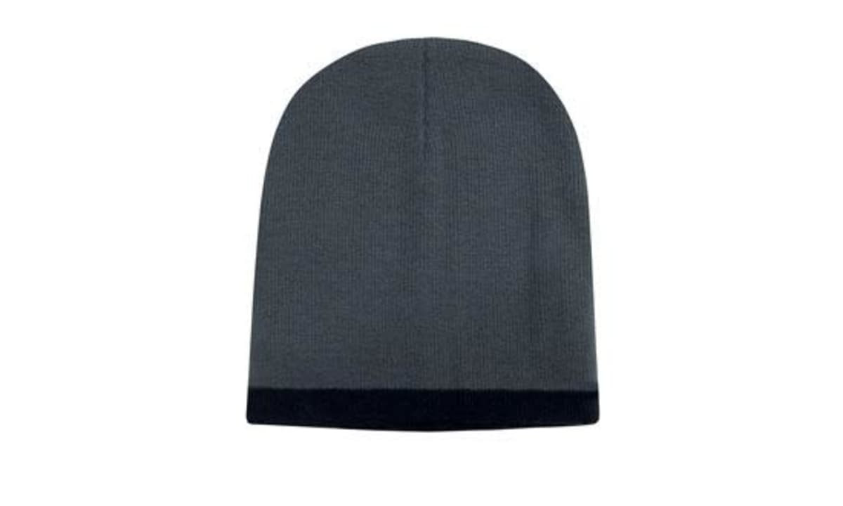 A two-tone acrylic beanie in grey with a darker brown rolled edge, featuring a logo.
