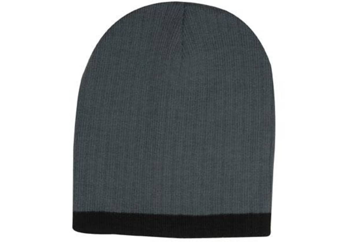 A two-tone cable knit beanie in grey with a black rim. It has a logo on one side.