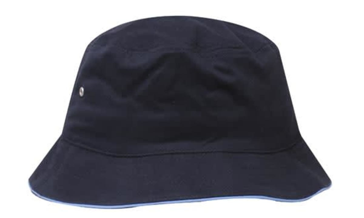 A navy blue bucket hat with a slight brim and a small branded logo on the side.