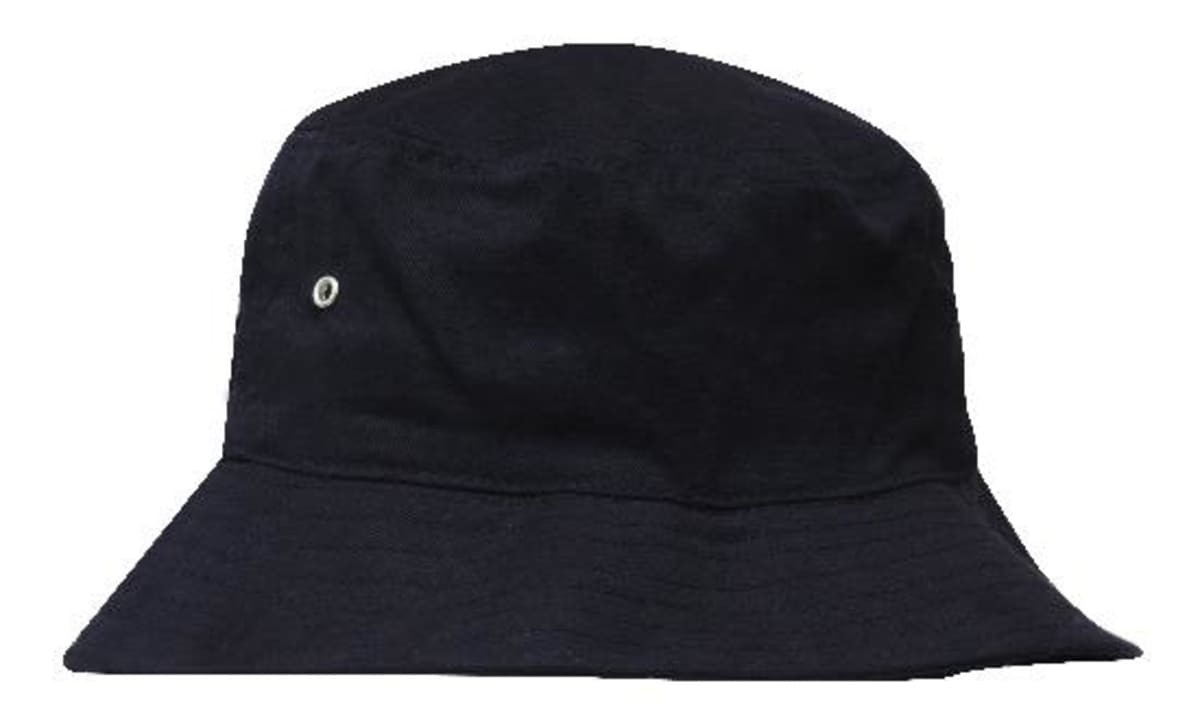 A black brushed sports twill bucket hat with a small logo. Features a rounded crown and wide brim.
