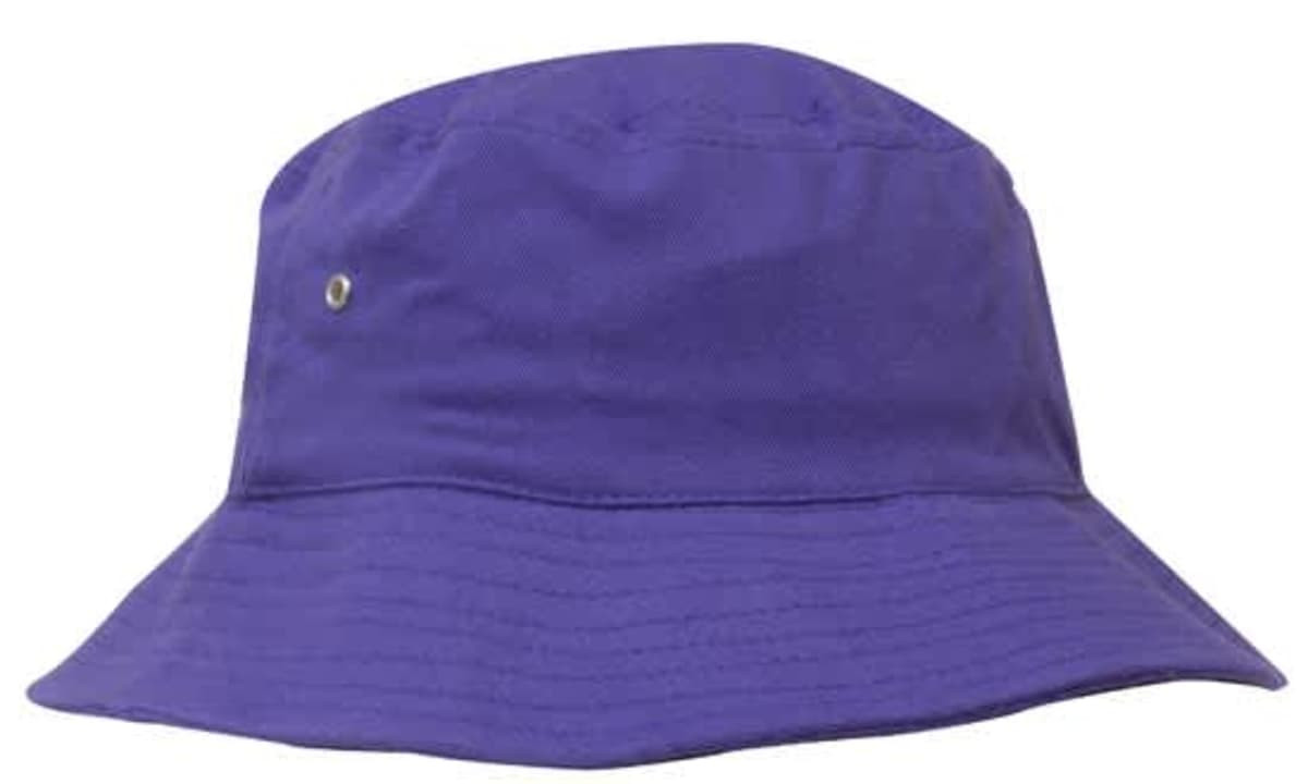 A purple brushed sports twill bucket hat with a wide brim and a small logo.