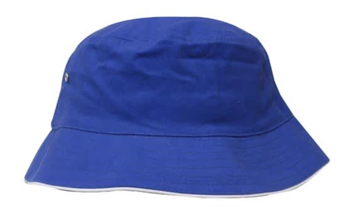 A blue brushed sports twill bucket hat with a wide brim and a logo on the side.