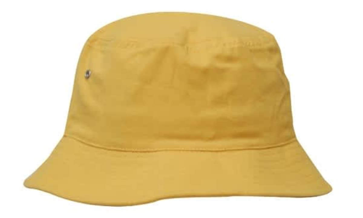 A yellow brushed sports twill bucket hat featuring a logo. Ideal for headwear category.
