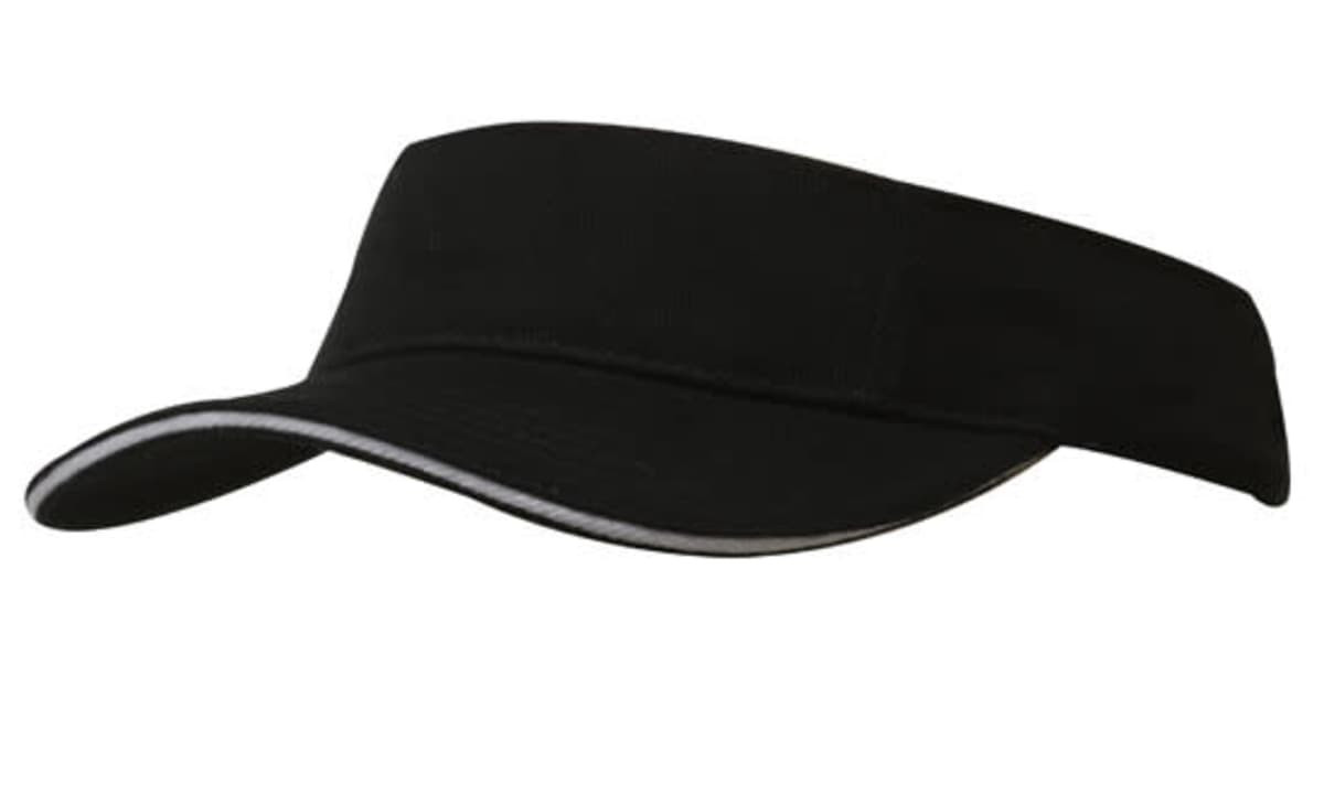 A black brushed heavy cotton visor with a sleek design and contrasting trim. Features a logo on the front.