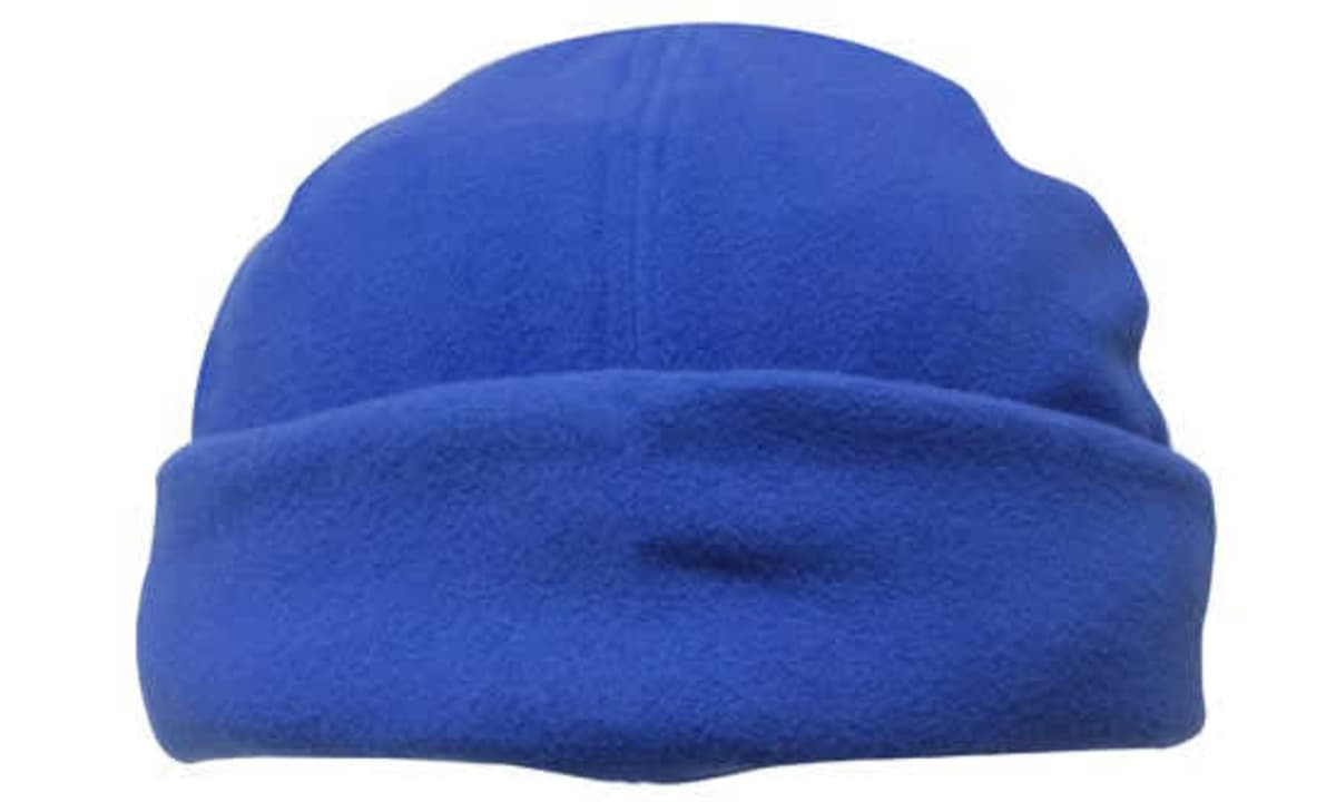 A blue micro fleece beanie with a folded brim, featuring a logo on the side.