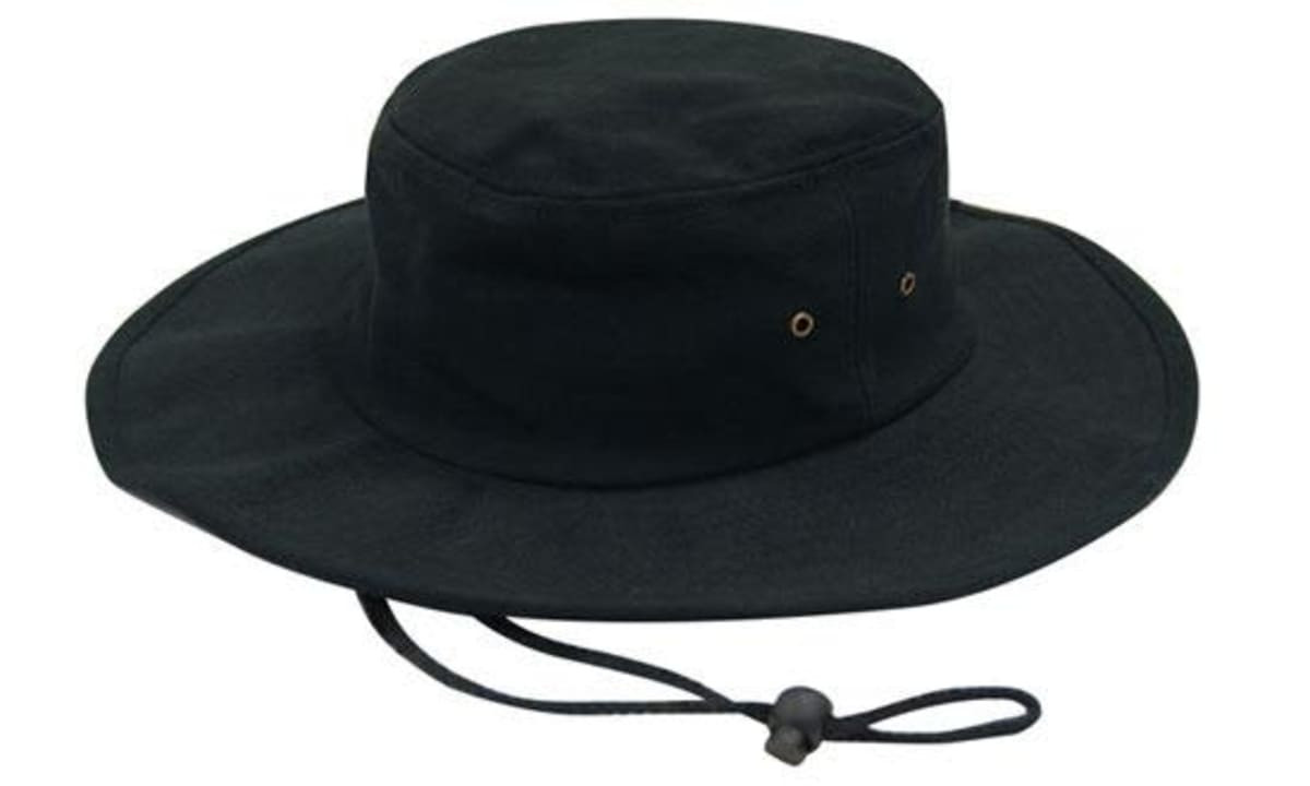 A black brushed heavy cotton hat with a wide brim and adjustable chin strap, featuring metal eyelets.