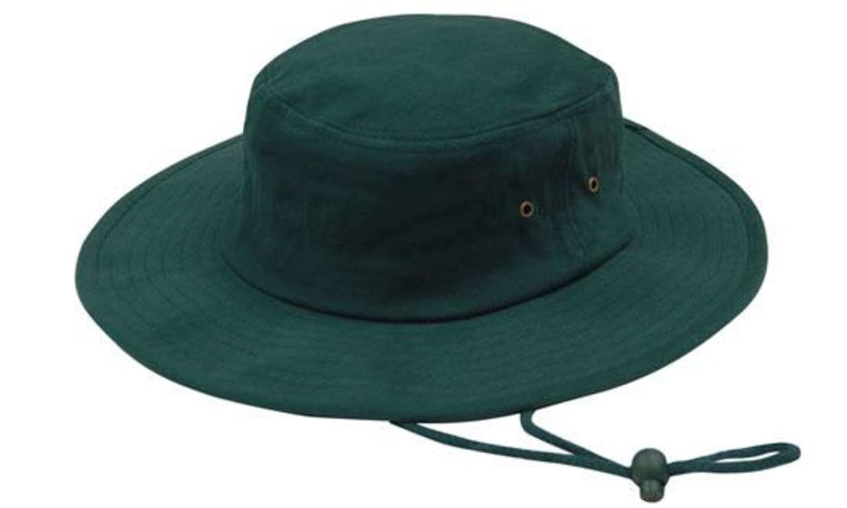 A green brushed heavy cotton hat with a wide brim and an adjustable chin strap. It features eyelet ventilation.