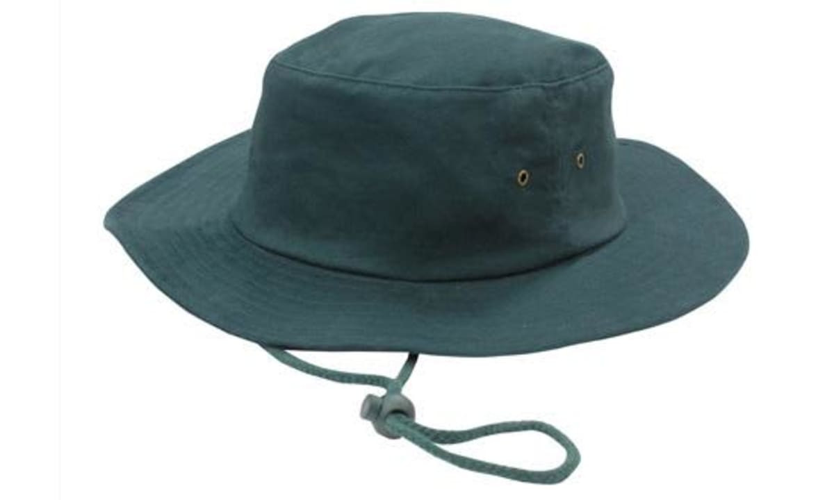 A dark green brushed heavy sports twill hat with a wide brim and an adjustable chin strap.