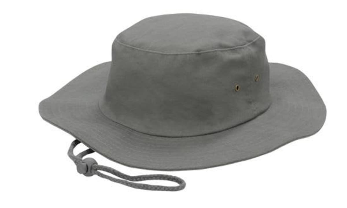 A grey brushed heavy sports twill hat with ventilation holes and an adjustable chin strap.