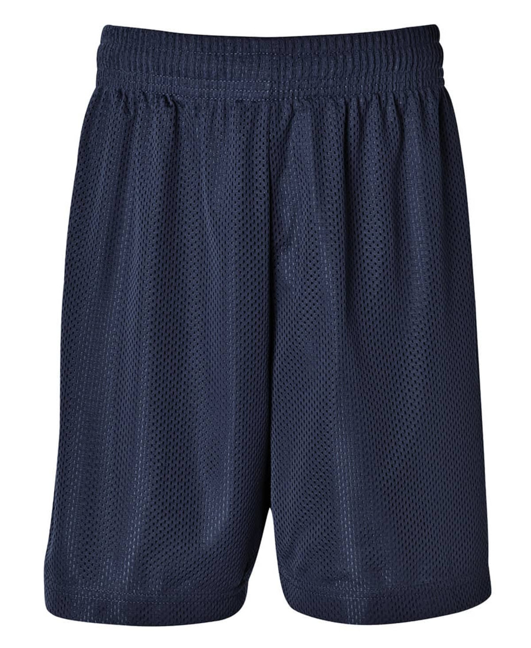 Navy sports shorts made from breathable mesh material, featuring an elastic waistband and a simple design.
