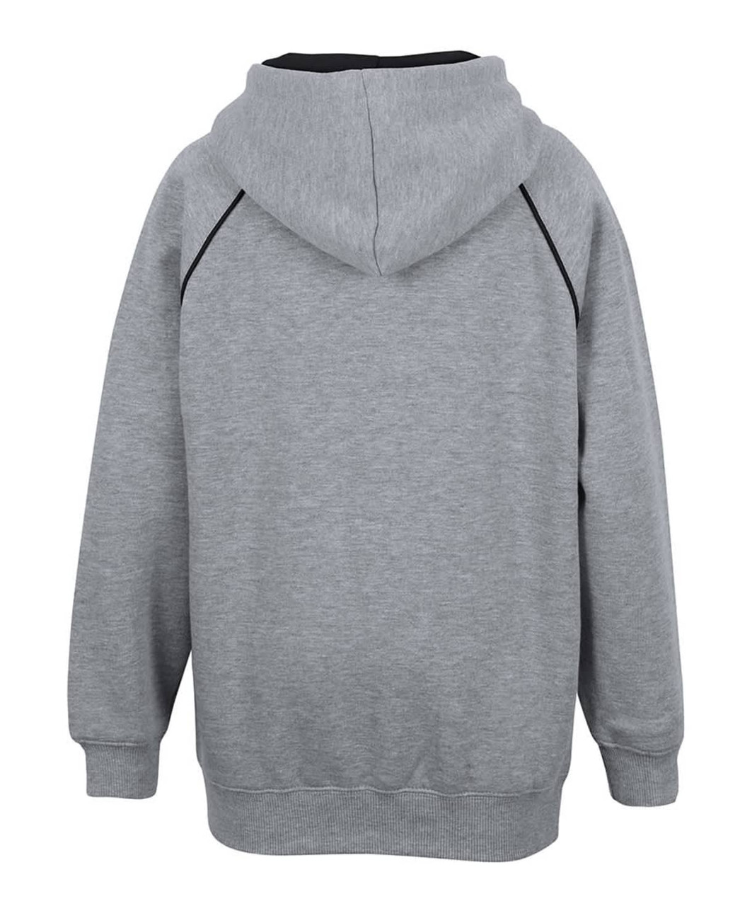 A grey hoodie with a contrasting black lining and hood, featuring a logo on the back.