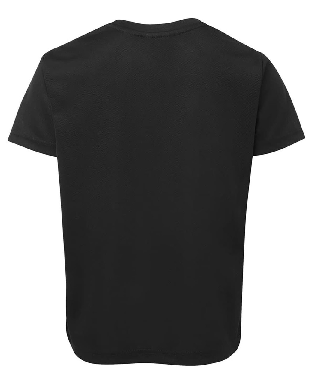 A black T-shirt with a simple design and a logo on the back.