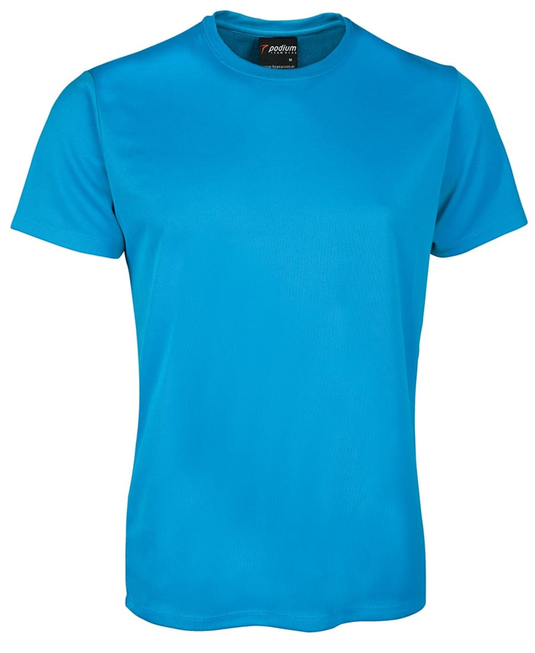 A short-sleeved, light blue T-shirt featuring a logo on the neck.