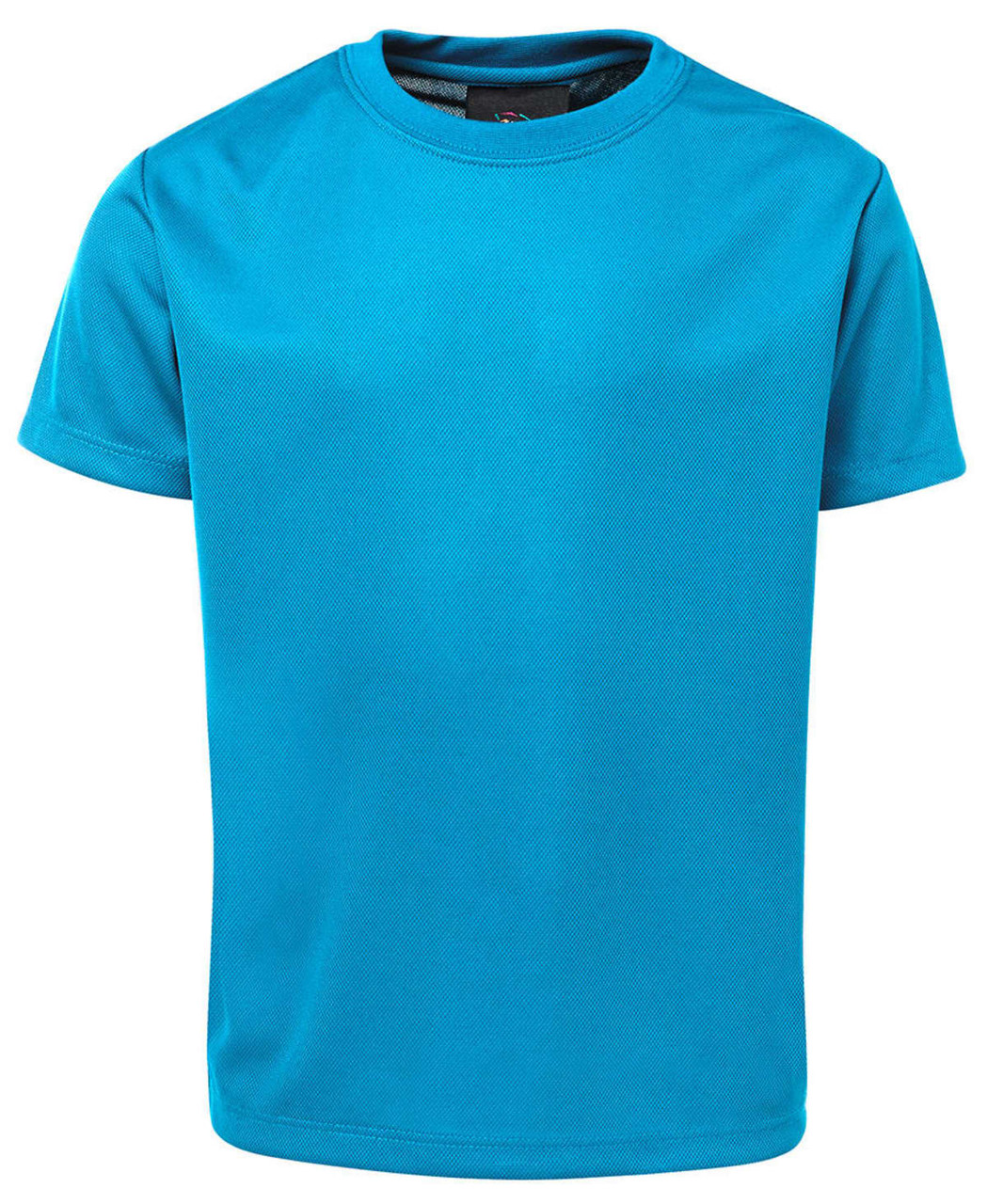 A bright blue T-shirt with short sleeves and a round neckline, featuring a logo on the label.