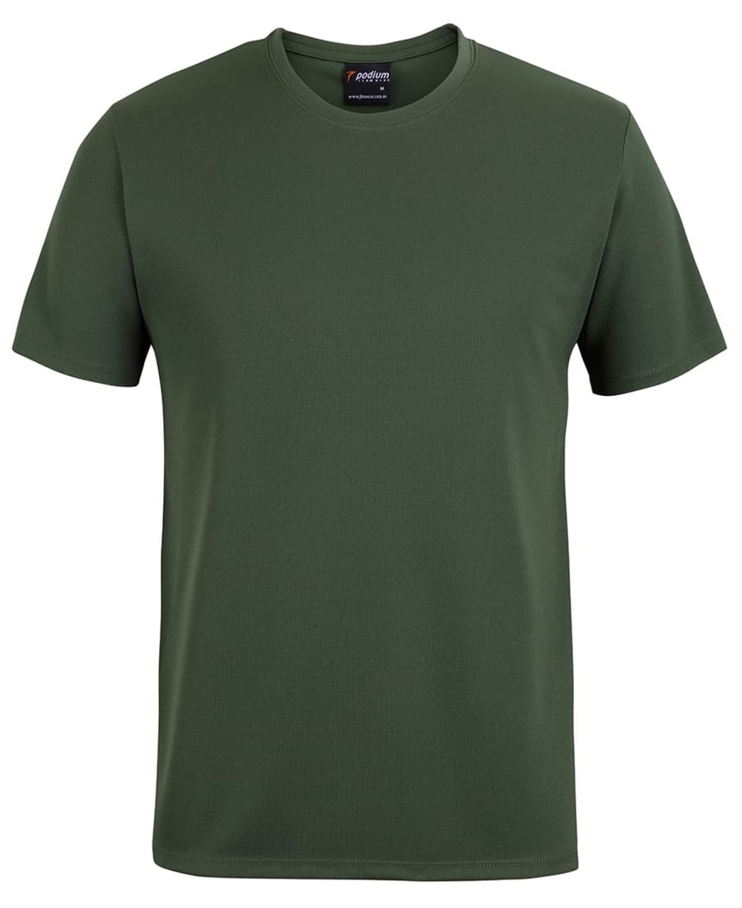 A green t-shirt with a round neckline, short sleeves, and a logo on the collar.