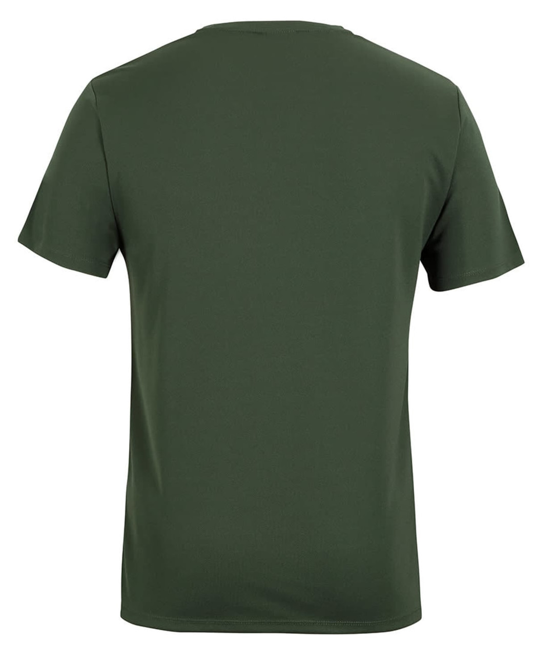 A green T-shirt is displayed, featuring a simple design and a logo on the back.