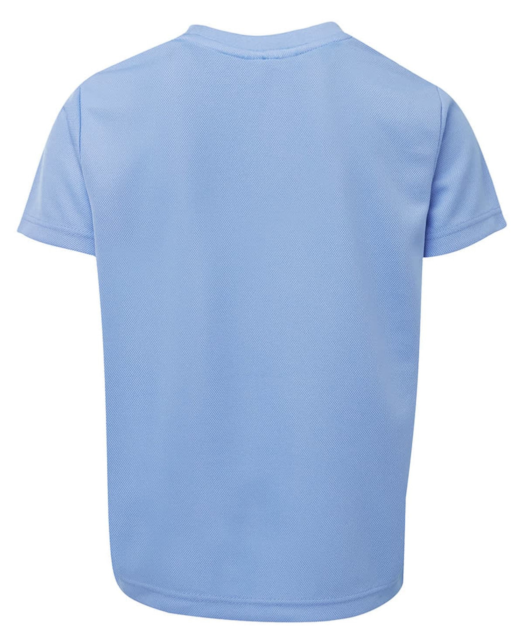 A light blue T-shirt with a plain design and short sleeves, featuring a logo on the back.