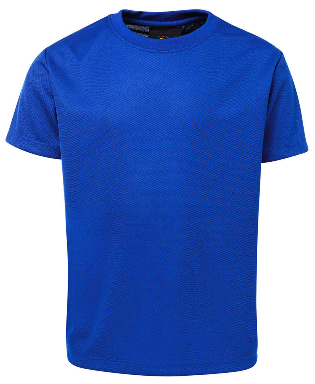A blue T-shirt featuring a round neckline and short sleeves, with a logo on the label.