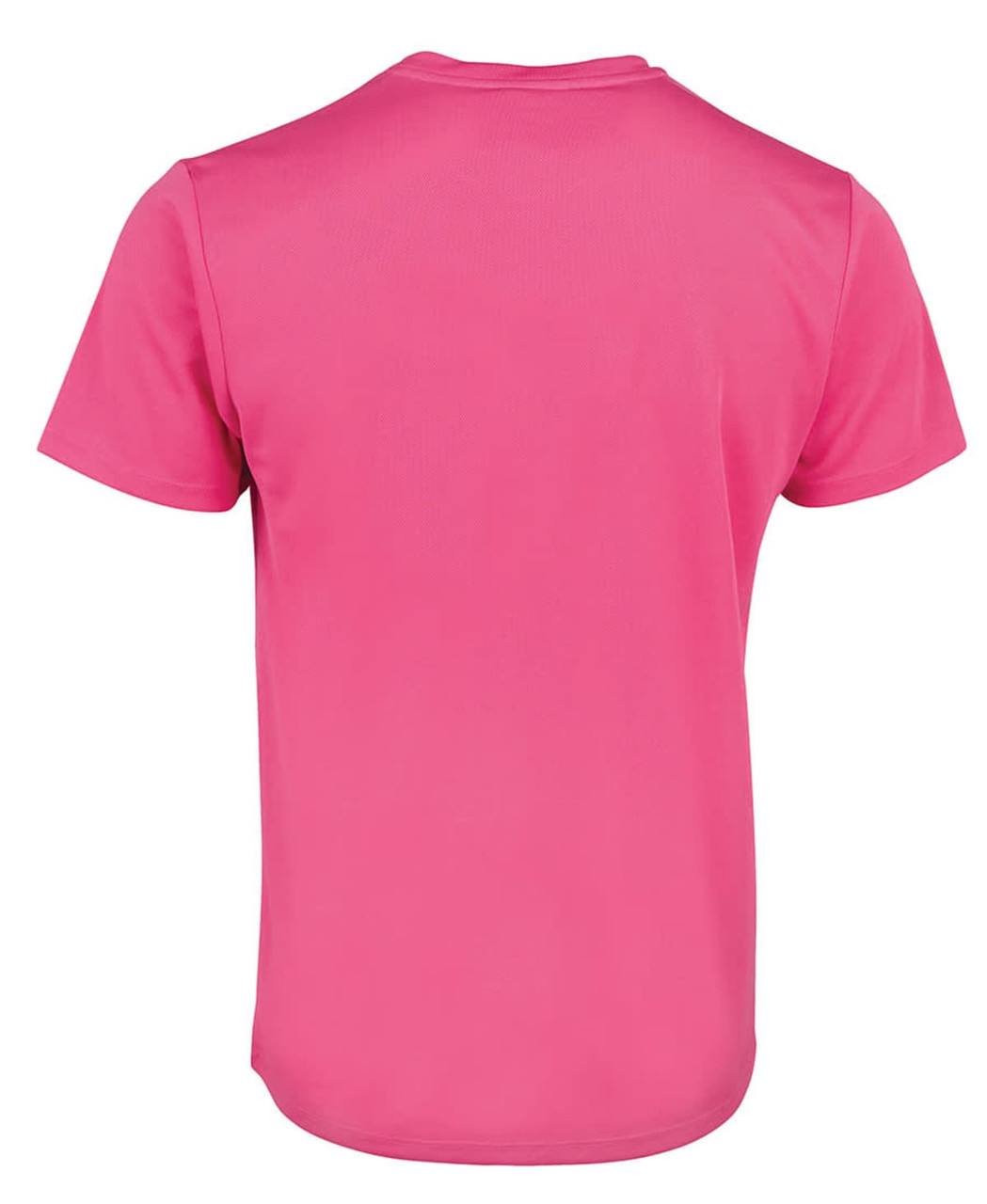 A pink T-shirt with a simple design and a logo on the back.