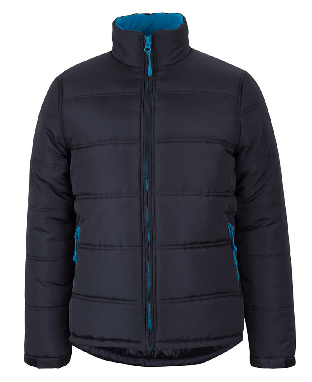 A black puffer jacket with contrasting blue zip and interior, featuring a high collar and side pockets.