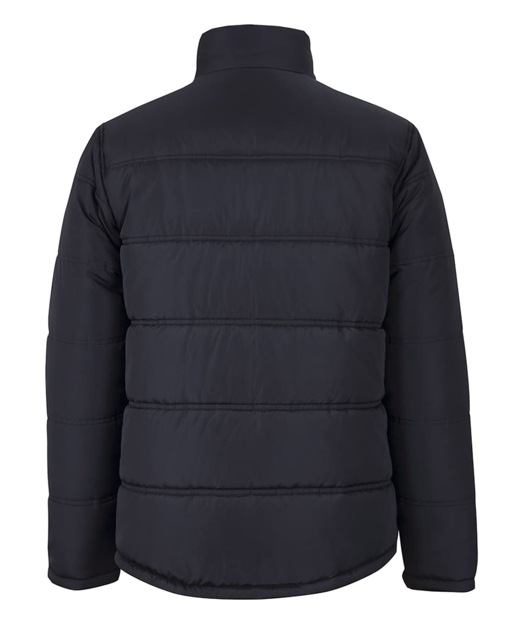 A black puffer jacket featuring a padded design with a high collar and no visible logos on the back.