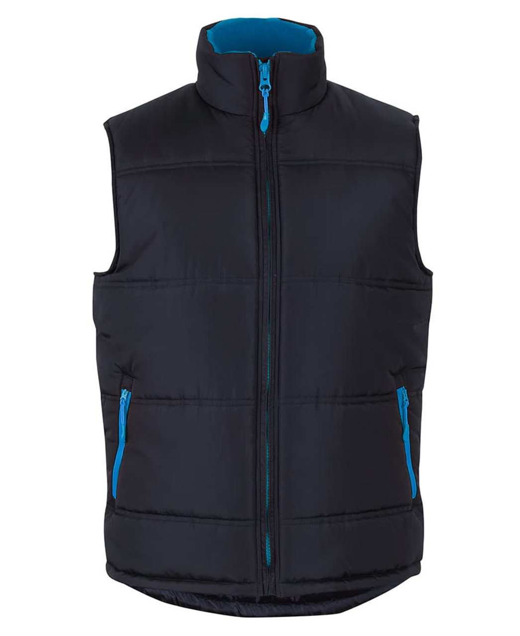 A black puffer vest with a blue lining and contrasting blue zipper details. It features a high collar and pockets.