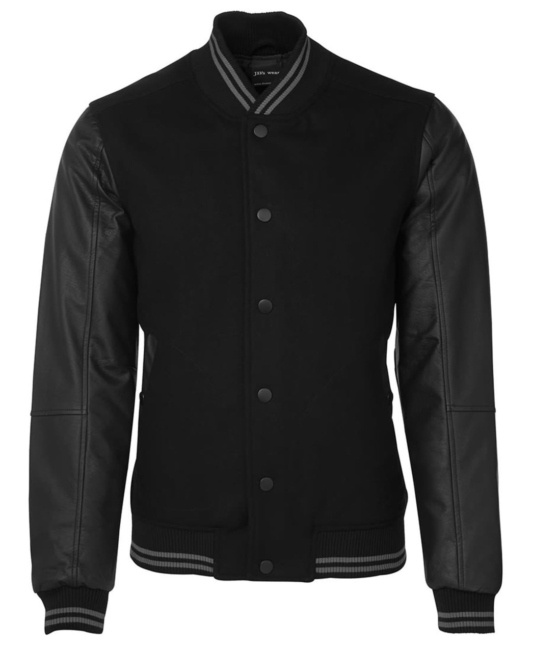 A black varsity jacket featuring leather sleeves and striped ribbing, with a logo on the chest.