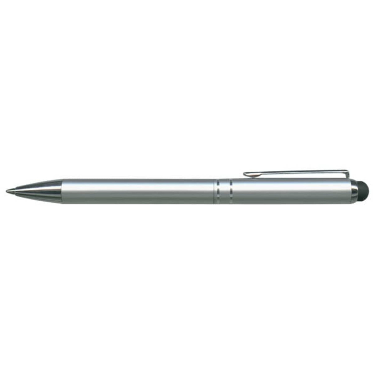 A metal stylus pen with a sleek silver design and a black tip for touchscreen use. A metal stylus pen with a sleek silver design and a black tip for touchscreen use.