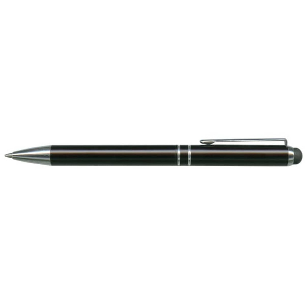 A Bermuda Stylus Pen is featured, showcasing a sleek black metal design with a silver clip and accents. A Bermuda Stylus Pen is featured, showcasing a sleek black metal design with a silver clip and accents.