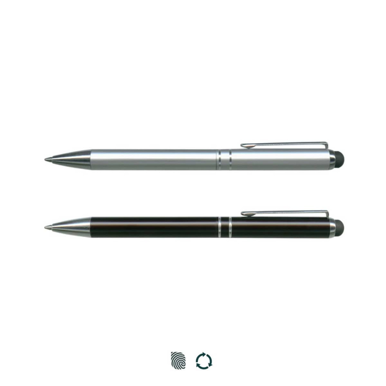 Two stylus pens are displayed, one silver and one black, each featuring a clip and a logo. Two stylus pens are displayed, one silver and one black, each featuring a clip and a logo.