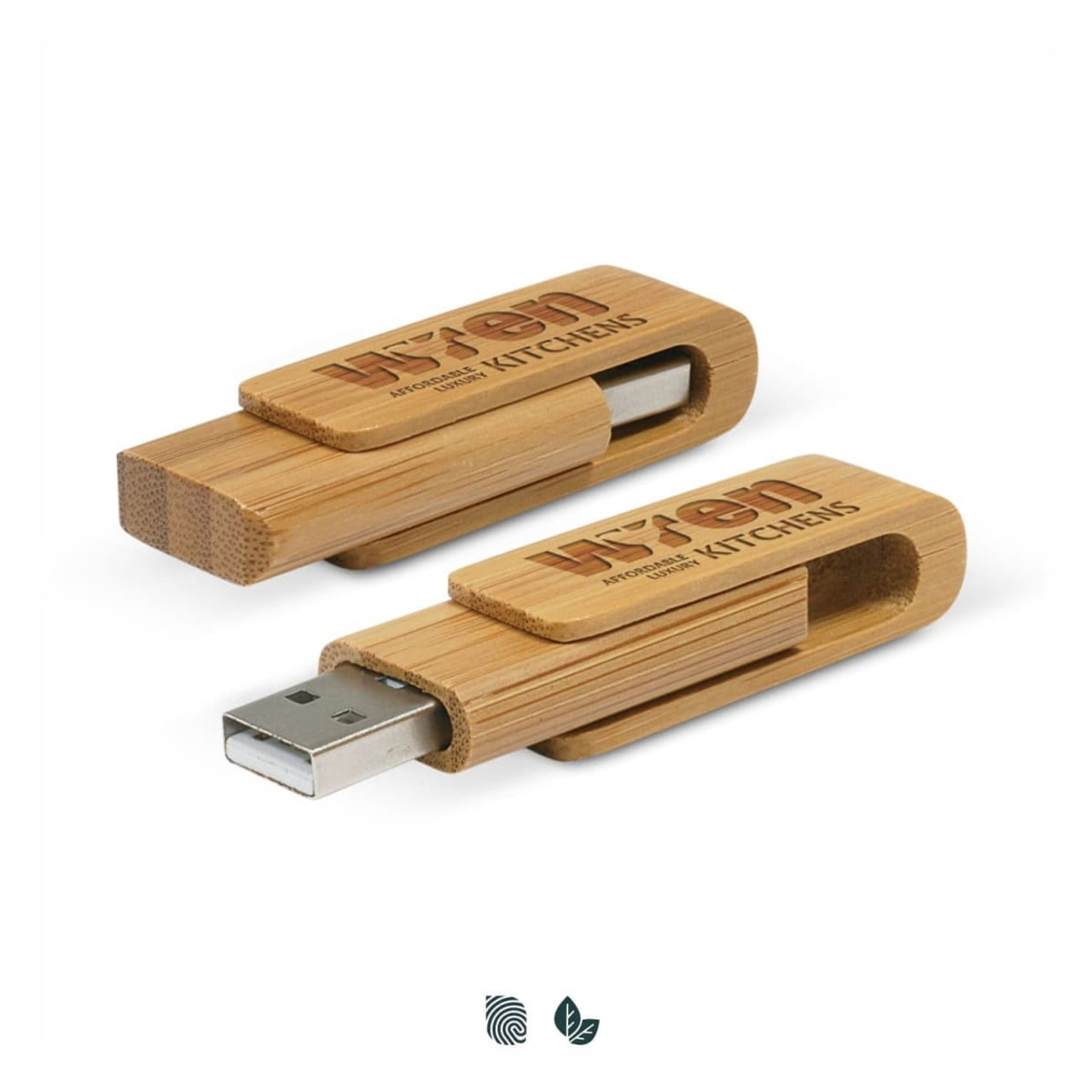 A bamboo 4GB flash drive with a wooden casing and a metal connector, featuring a logo on one side. A bamboo 4GB flash drive with a wooden casing and a metal connector, featuring a logo on one side.