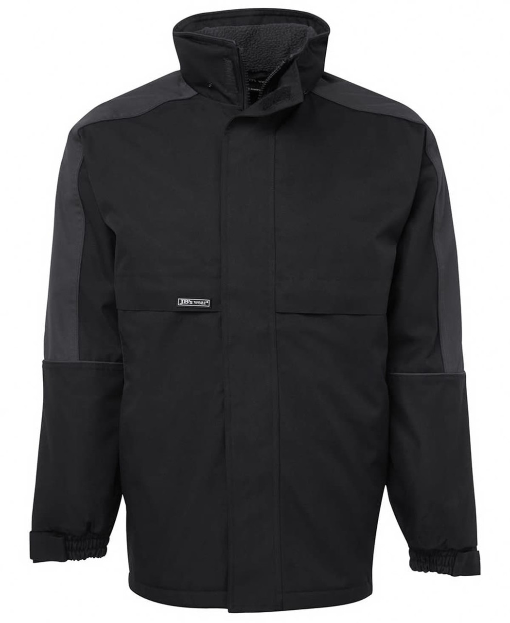 A black and charcoal rain jacket featuring a high collar and elastic cuffs, with a logo on the front.