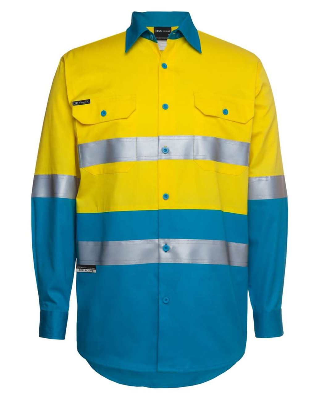 A long-sleeve work shirt in bright yellow and blue with reflective stripes and a logo.