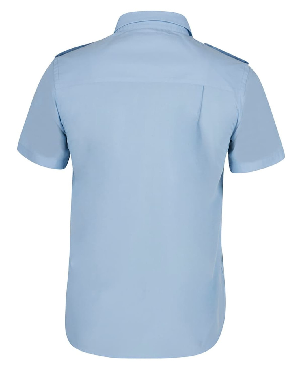 A light blue short-sleeve button-up shirt with shoulder epaulettes and a back pocket. It features a logo.