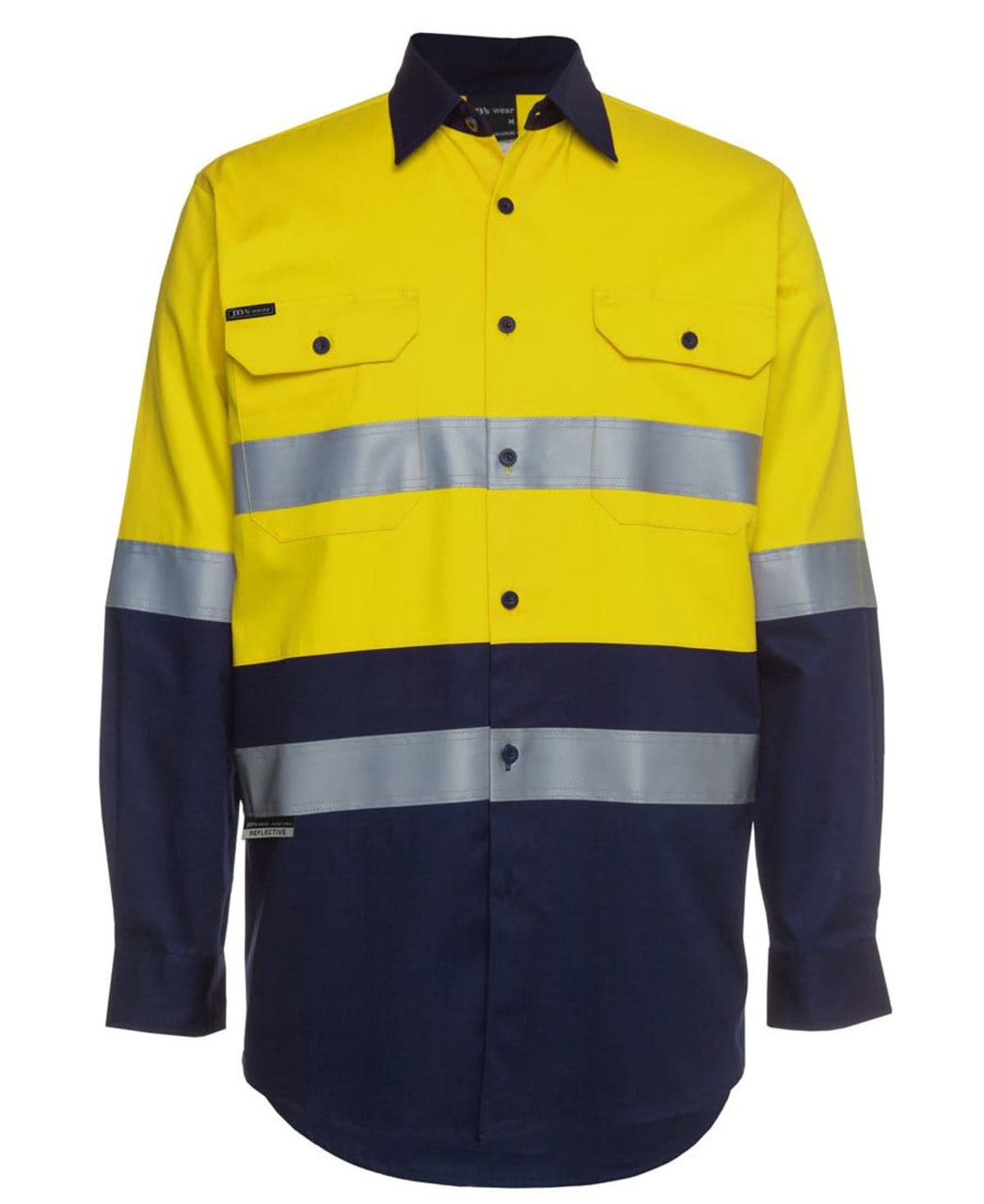A long-sleeve work shirt featuring yellow and navy blue colours with reflective stripes and a logo.