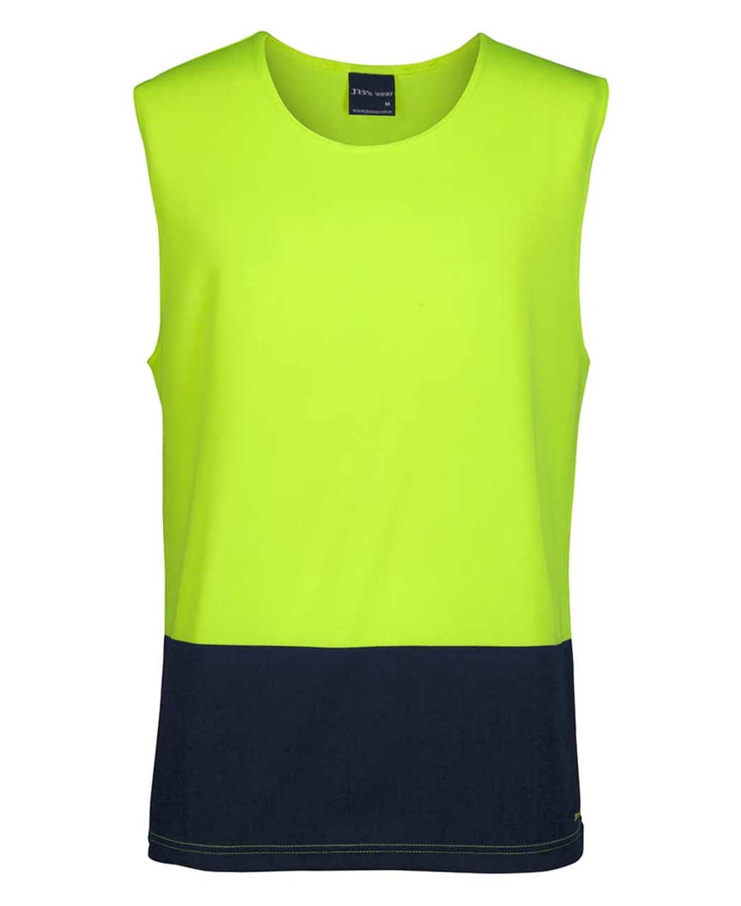 A sleeveless work singlet in lime with a navy blue bottom section, featuring a brand logo.