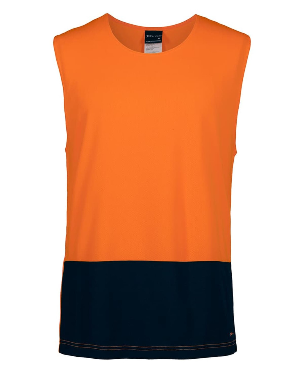 A sleeveless top in orange with a navy lower panel, featuring a logo. Suitable for workwear.