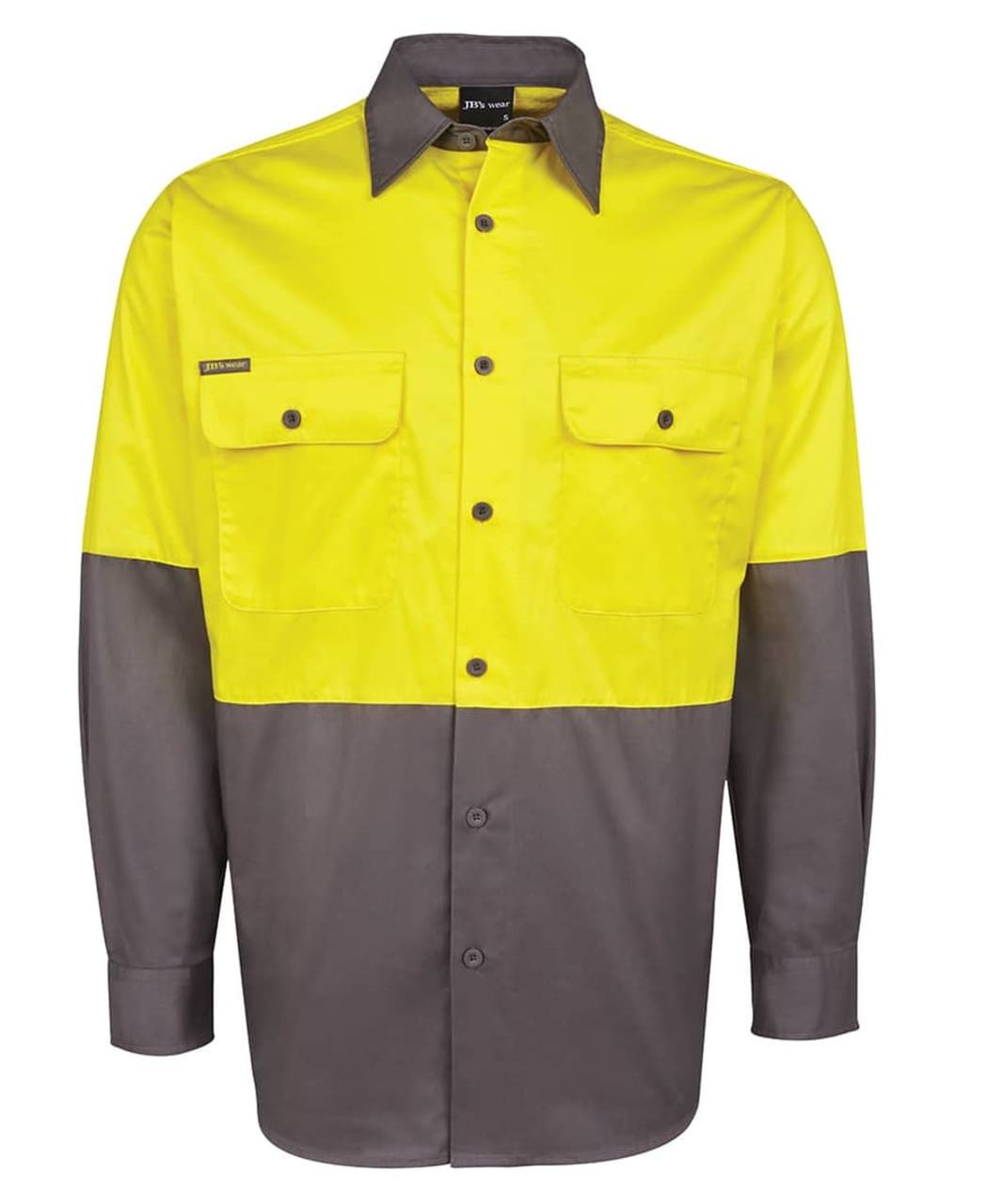 A long-sleeve work shirt in high-visibility yellow and grey, featuring a logo and two front pockets.