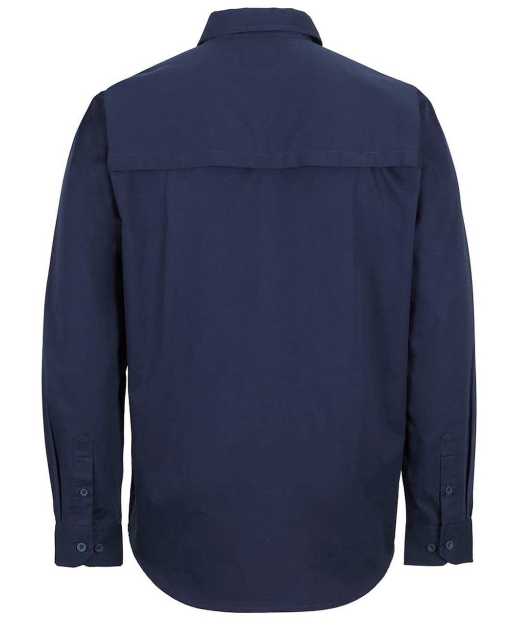 A navy long-sleeve work shirt with a close front design and a back yoke, featuring buttons on the cuffs.