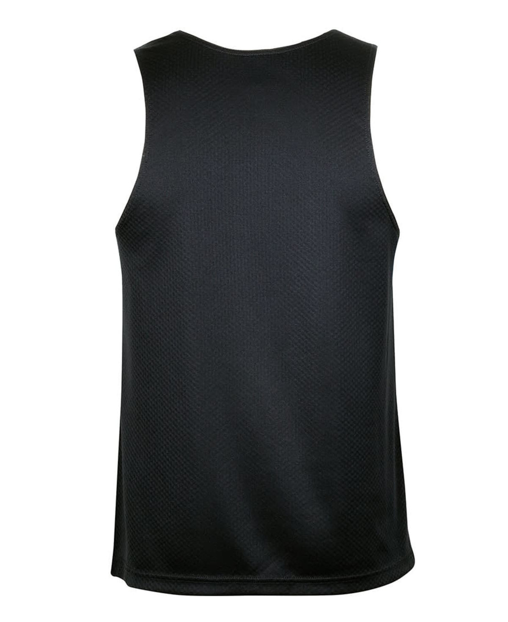 A black singlet featuring a textured design and a logo. Ideal for casual wear or athletic activities.