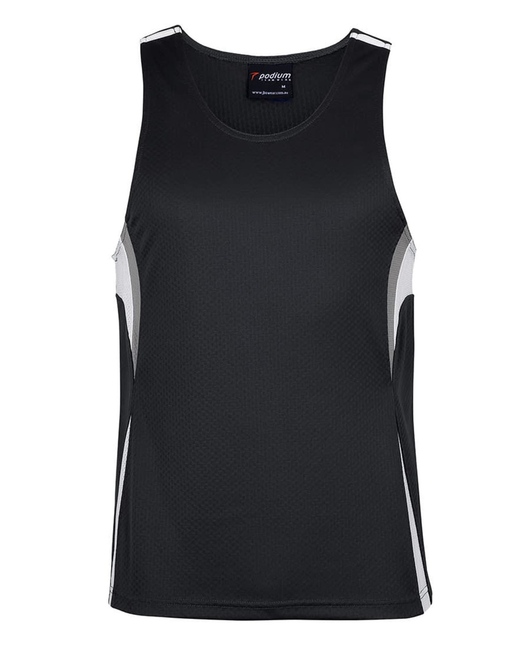 A black singlet with grey accents and a logo, made from breathable fabric. Suitable for activewear.
