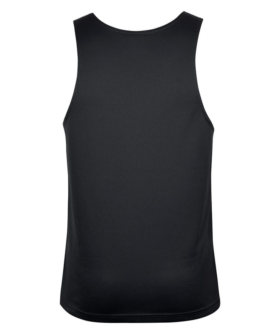 A black singlet with a mesh texture and a simple design, featuring a logo on the back.