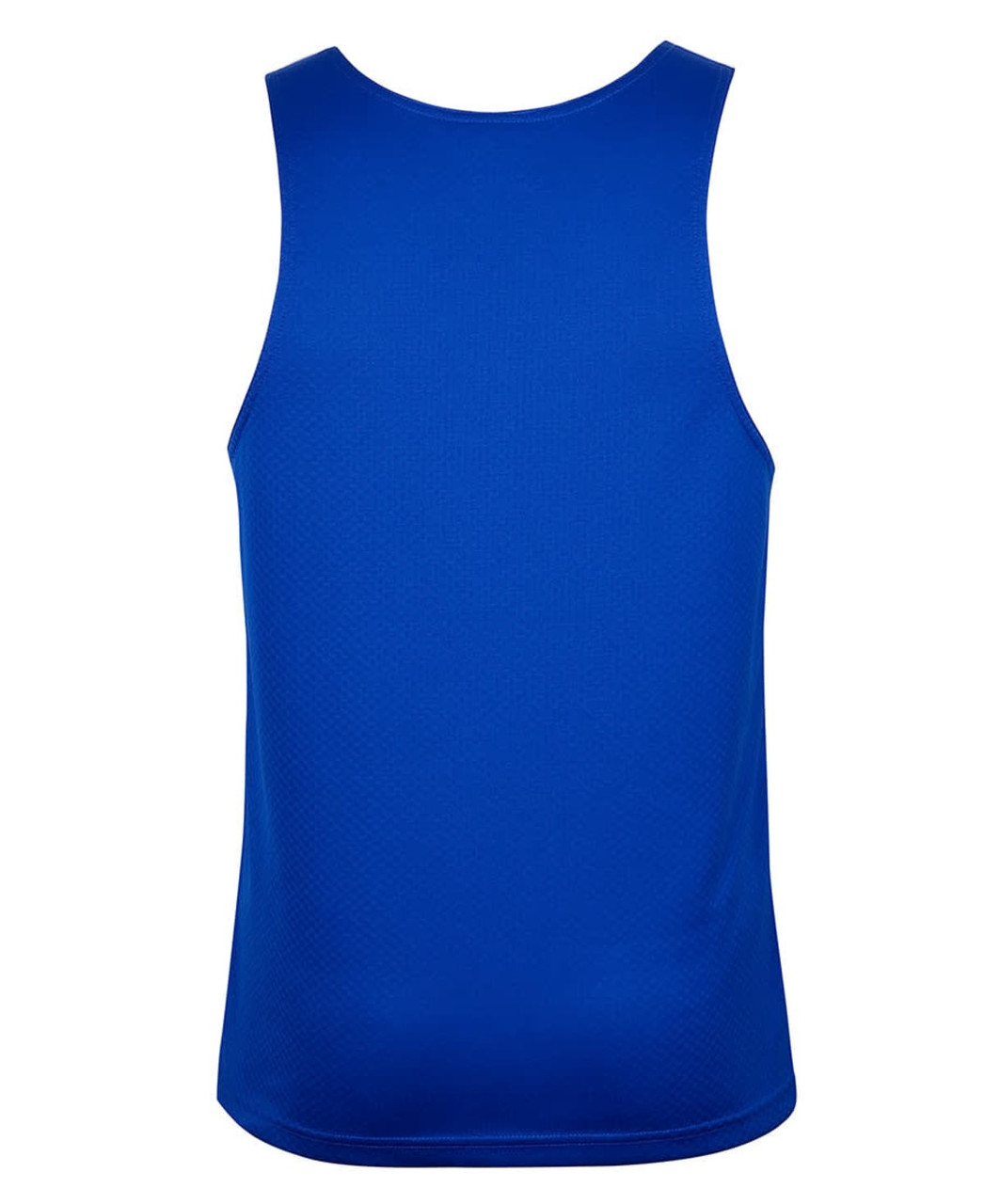 A royal blue singlet with a seamless design and a logo on the front.