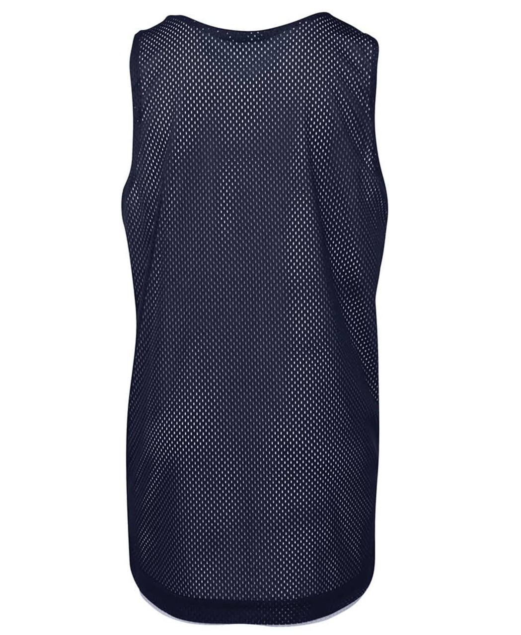 A navy blue singlet with a mesh design and a branding logo on the back.