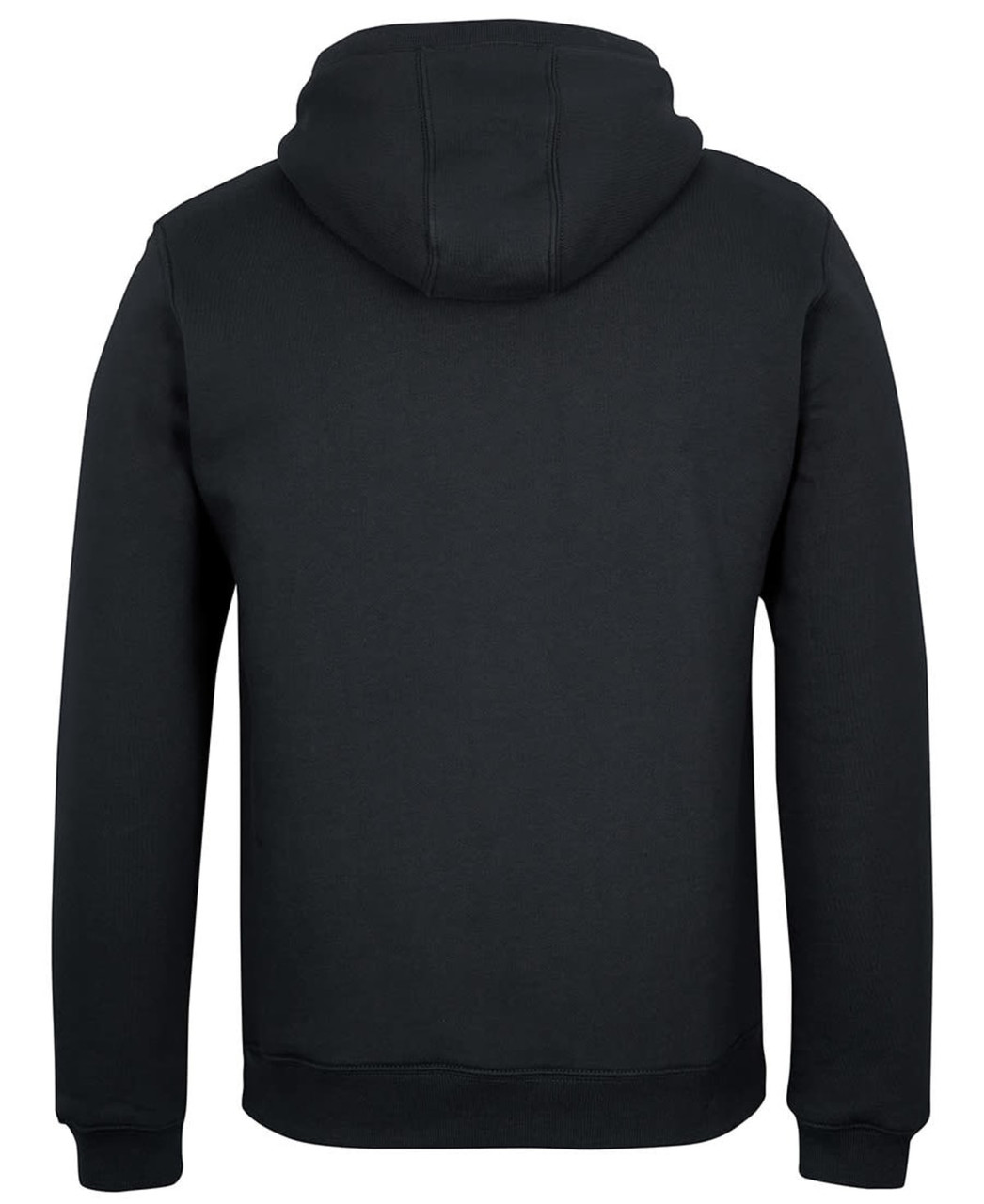 A black 1/2 zip hoodie featuring a hood and a plain back design. It includes a branding logo.