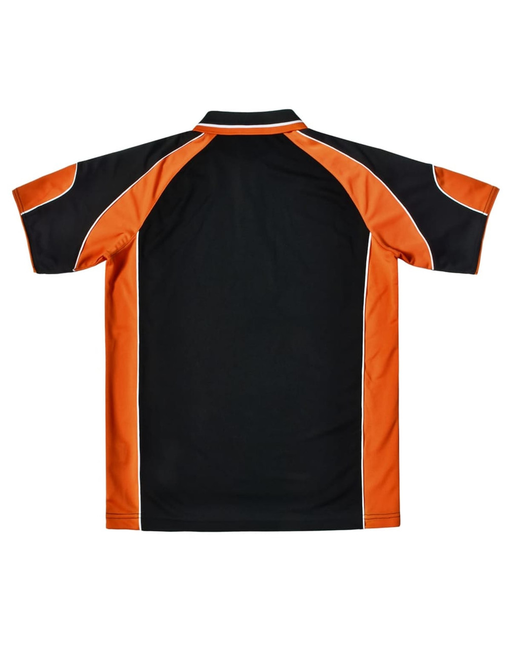 A men's polo shirt featuring black and orange panels, with a logo on the front. Back view displayed.