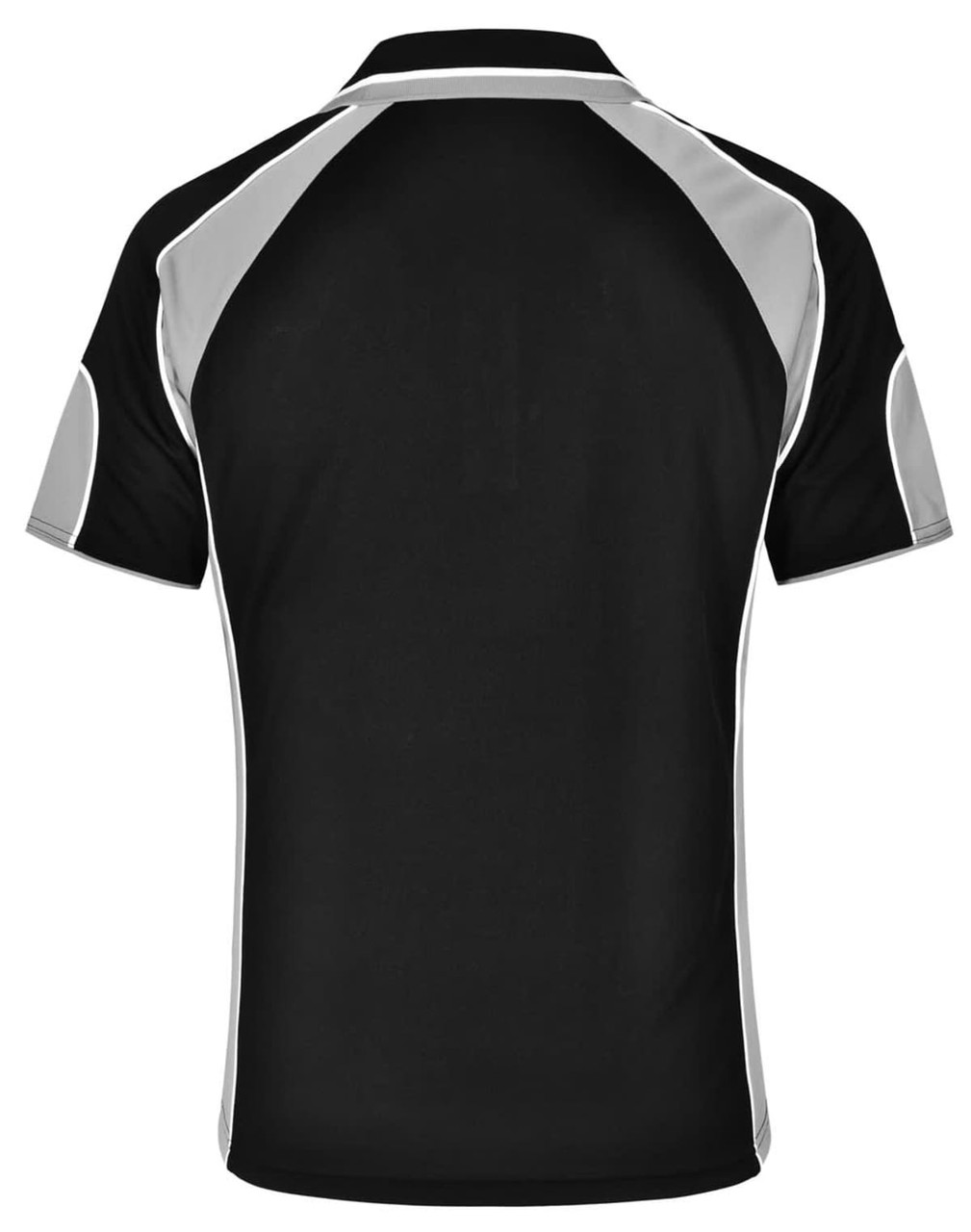 A black polo shirt with grey accents and a logo on the back. Featuring a sporty design and short sleeves.