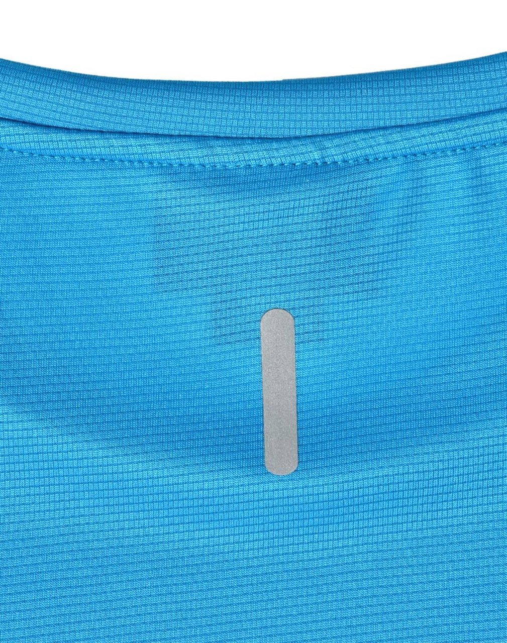 A blue short-sleeved performance t-shirt featuring a rectangular tab on the back and textured fabric.