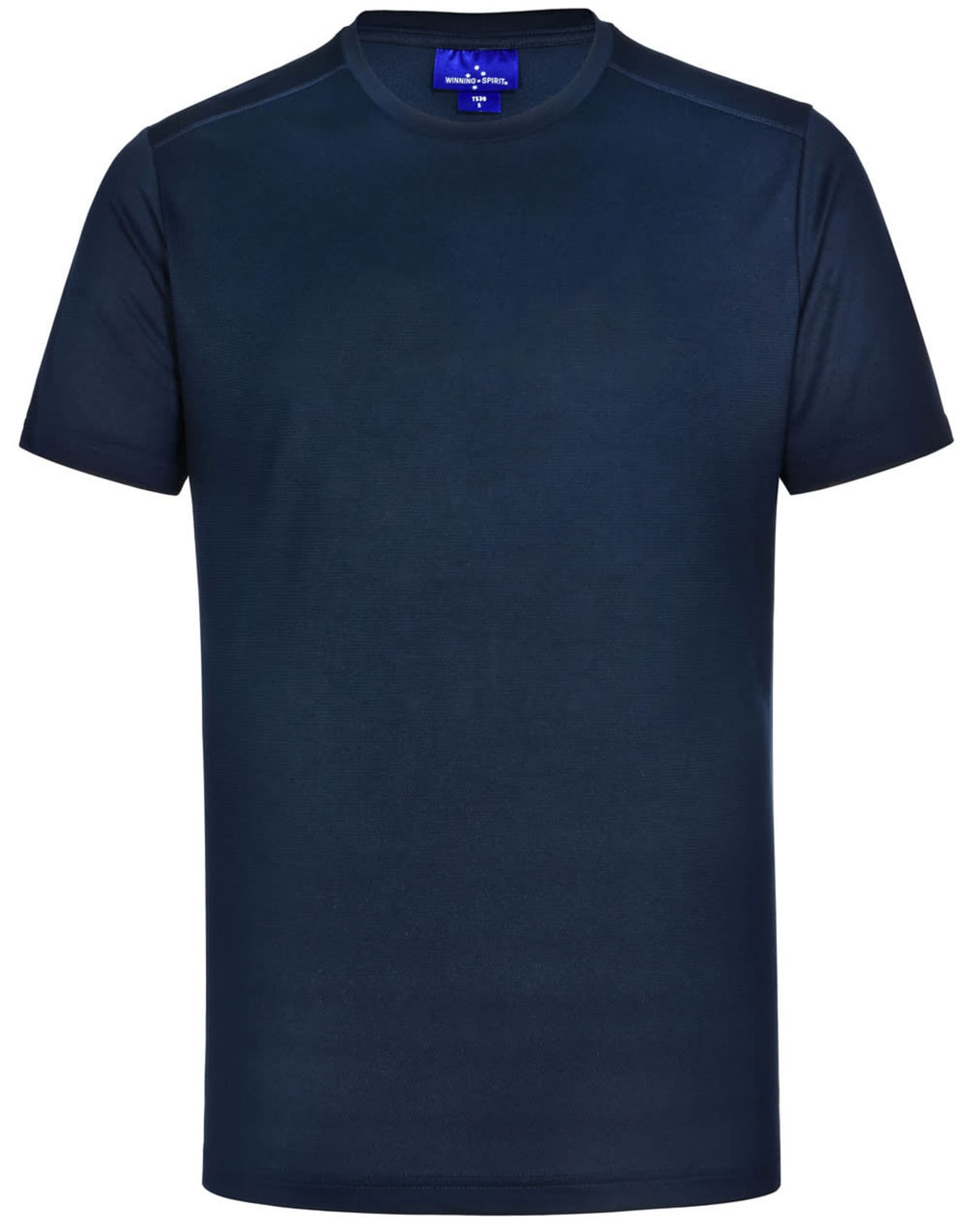 A navy men's ultra lightweight performance short sleeve tee with a logo on the neckline.