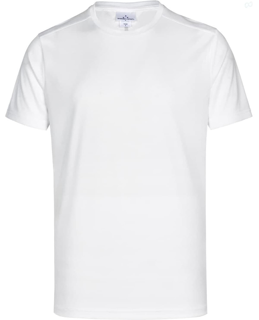 A white short-sleeve performance t-shirt with a logo on the chest. Ideal for athletic and casual wear.